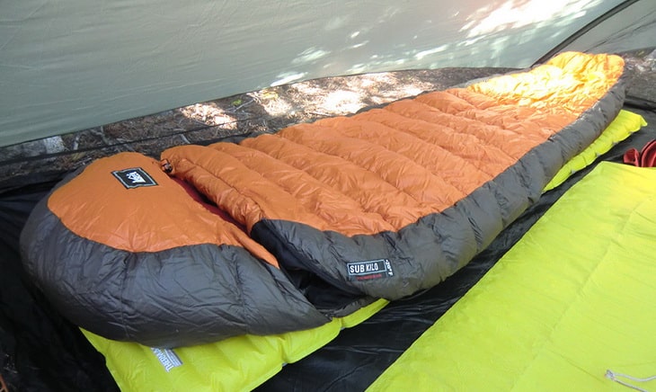 REI Sub Kilo +20 Sleeping Bag in a Tent