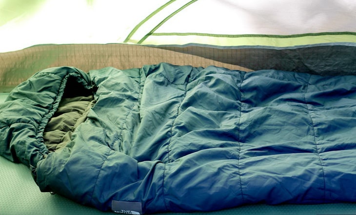 camping sleeping bag in a tent