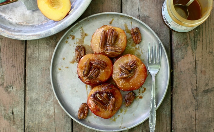 Campfire Roasted Caramel Peaches with Pecans