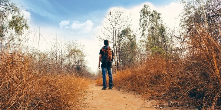 Person in Black Shirt and Blue Denim Jeans Wearing Orange Black Hiking Bag Standing on Hiking Trail during Daytime