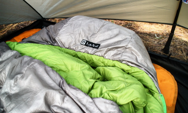 Close-up of a Nemo sleeping bag in a tent