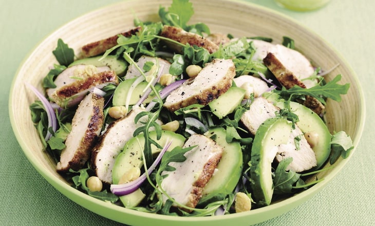 Chicken, chickpea and avocado salad on a plate