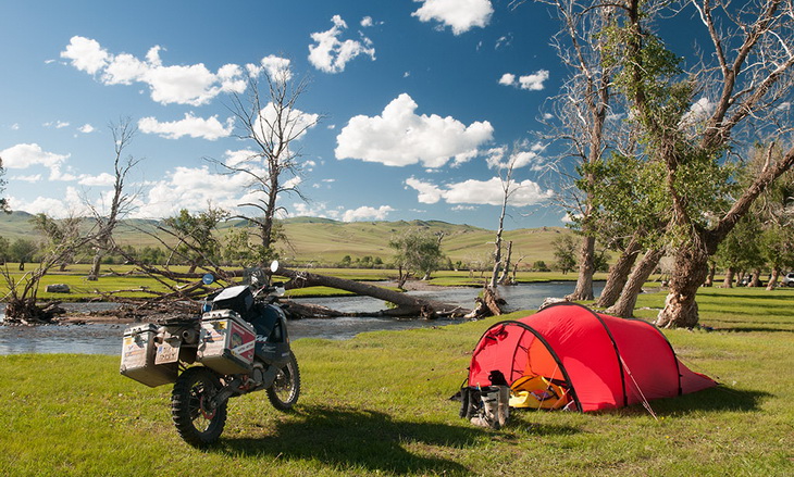 Hilleberg Anjan 2 Person Tent next to a motorocycle