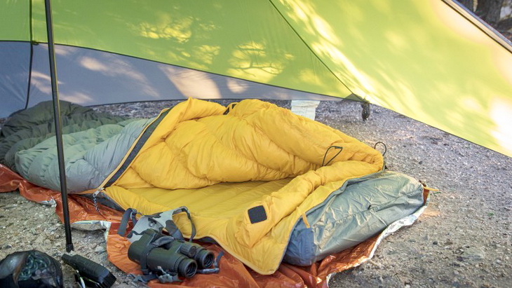 Nemo sleeping bag in a tent in the summer time