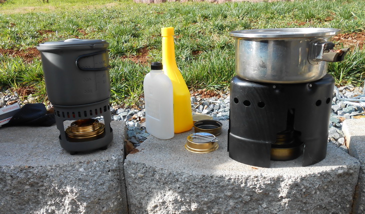 Esbit Brass Alcohol Burner next to other cooking gears