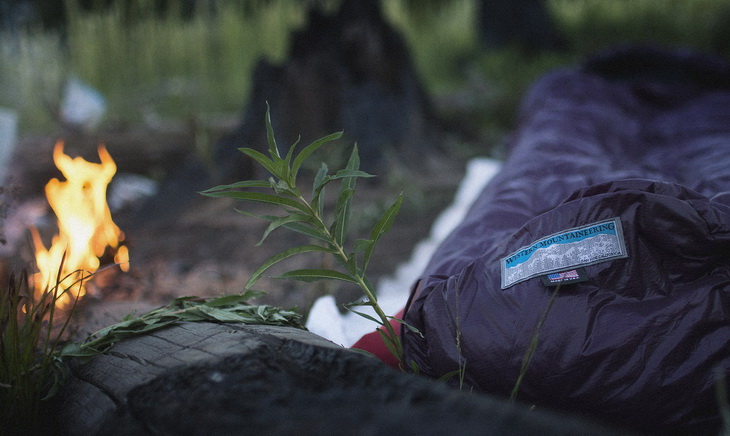 Western Mountaineering sleeping bag in a camp outside