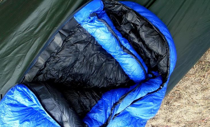 Aerial view of Western Mountaineering Ultralite Mummy Sleeping Bag in a hammock