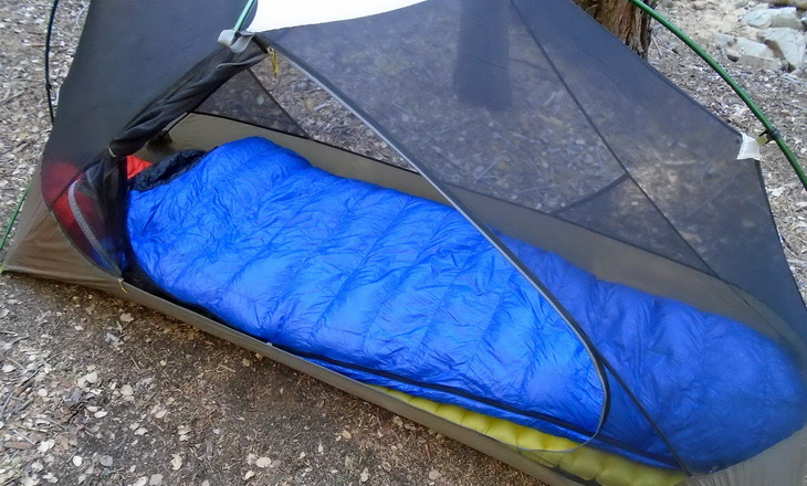 Western Mountaineering Ultralite sleeping bag in a tent