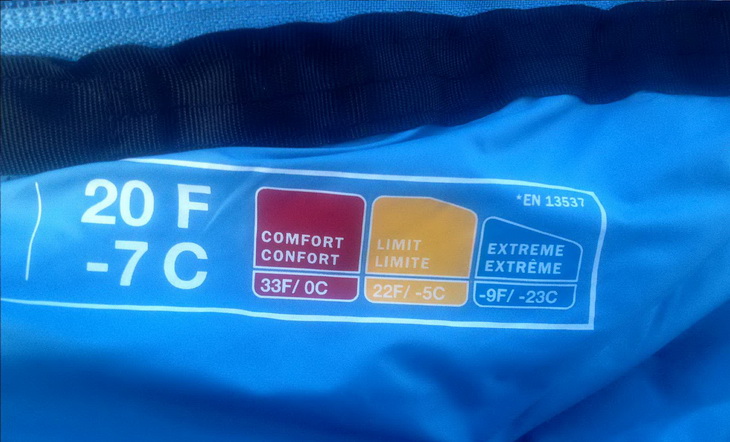 Close-up of The North Face Cat's Meow Sleeping Bag temperature rating