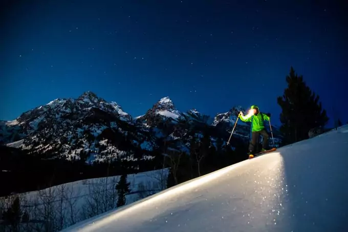 skiing in the night with a headlamp