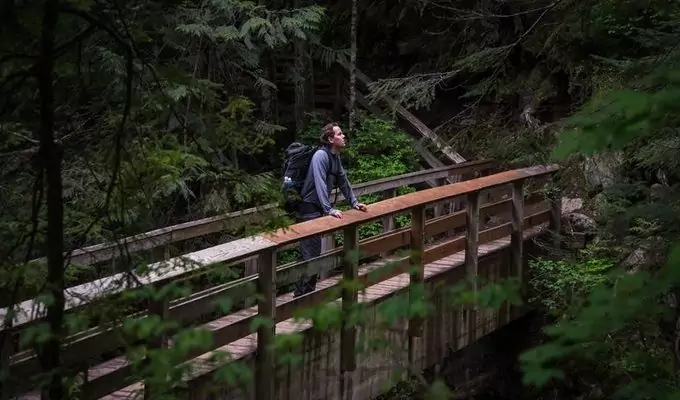 A hiker on a bridge in the woods