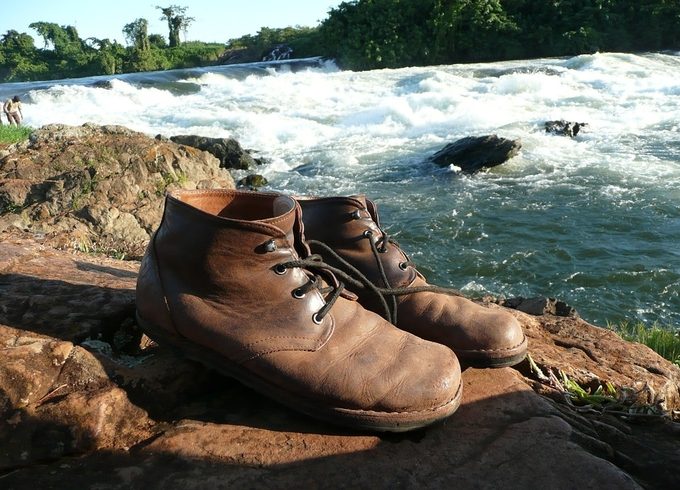 Hiking boots by the river