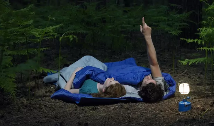 Two adults sharing a double sleeping bag are looking at the stars