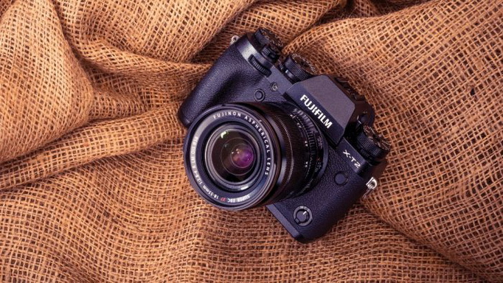 A Fujifilm photo camera on a sack
