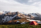 Image of a camping tent in a mountains landscape
