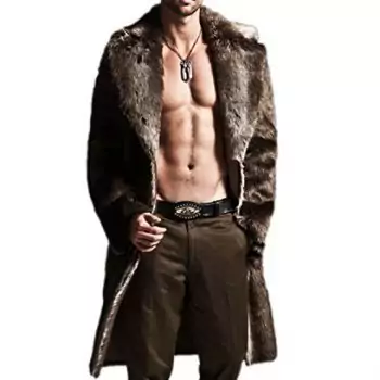 Hochock Men's Winter Lapel Faux-Fur Long Overcoat Parka Coat Outerwear