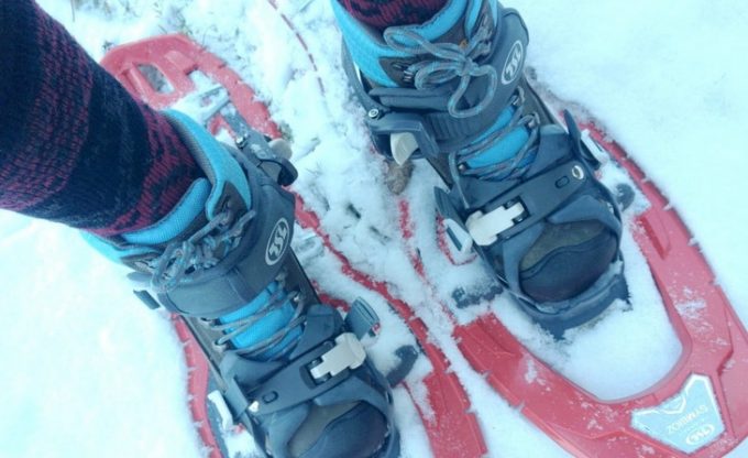 A pair of boots for snowshoering for women