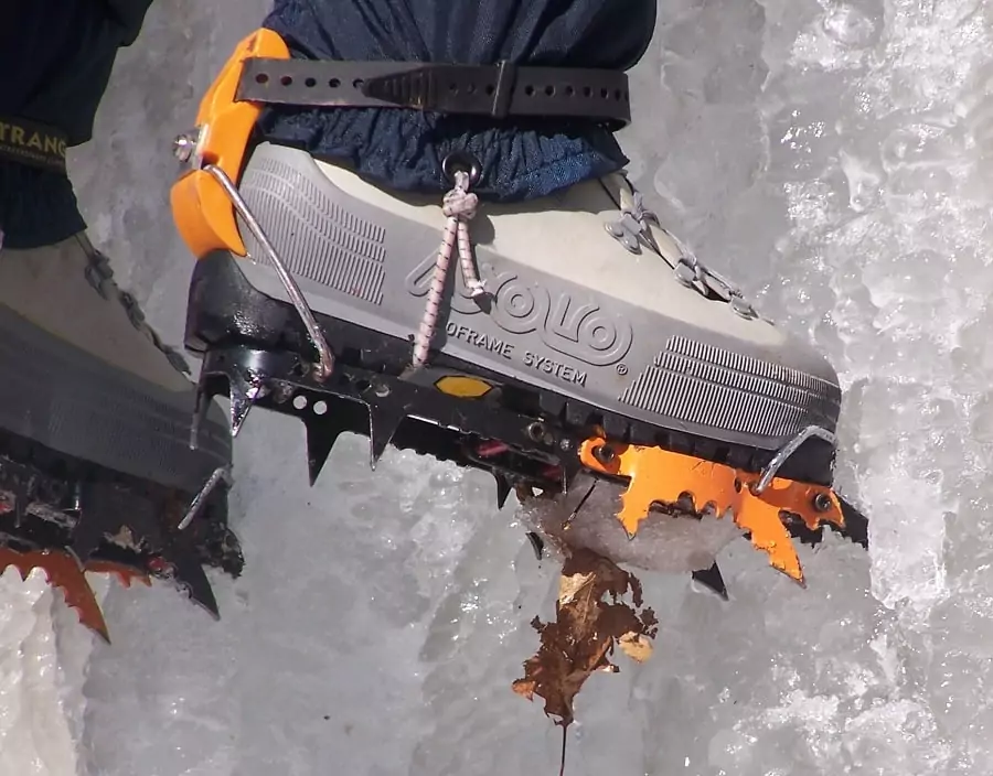 Mountaineering boots and crampons