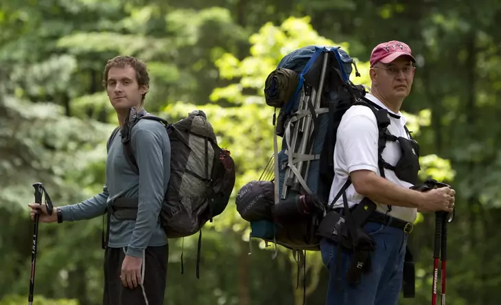 Two men with backpacks looking at the camera on a forest road