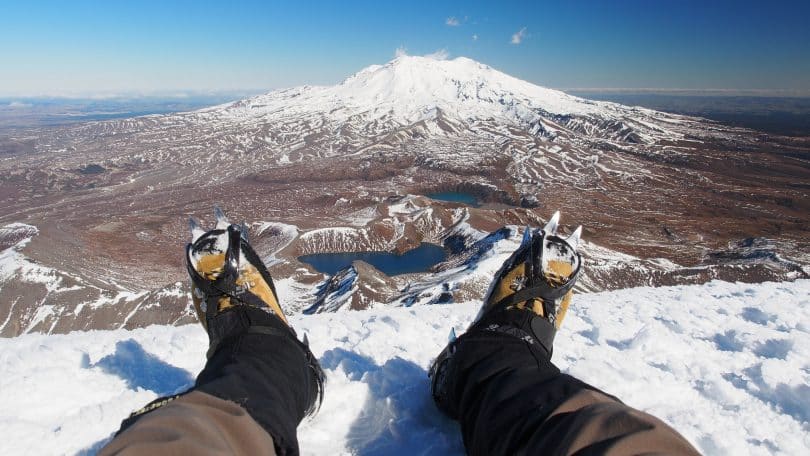 Standard hiking boots on a mountain shot