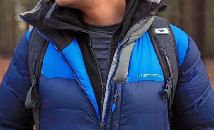 Close-up of a man wearing a LA Sportiva winter jacket