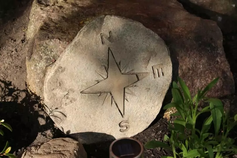 A picture of a compass points on a rock