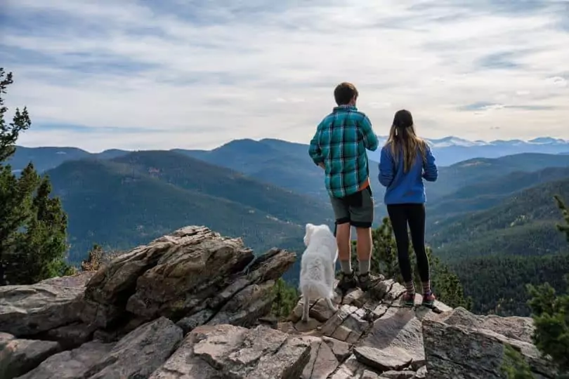 a man and his wife backpacking with their dog