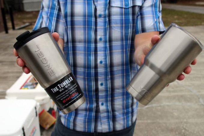 A man holding a Yeti-Tumbler camping termos