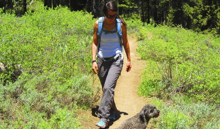 A woman in hiking pants on a forest road