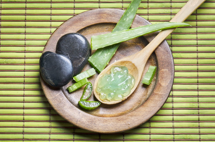 Aloe vera gel on wood spoon, with aloe leaves, black rocks
