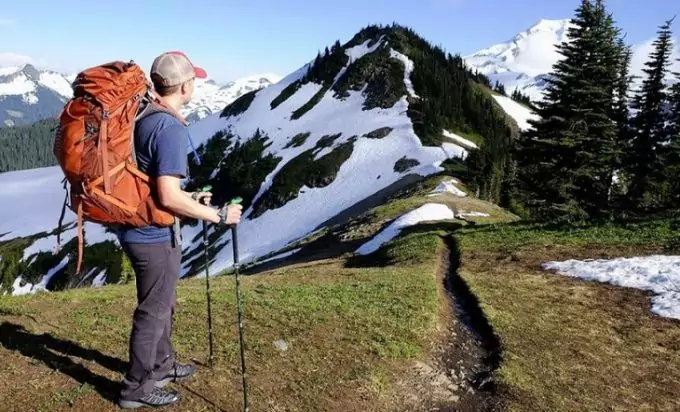 A man with a backpack and trekking poles looking at the mountain landscape