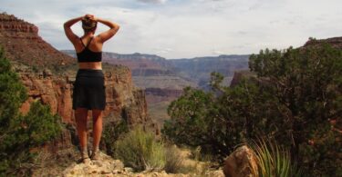 Woman wearing the Purple Rain Adventure Skirts, field-tested and approved at Grand Canyon National Park.