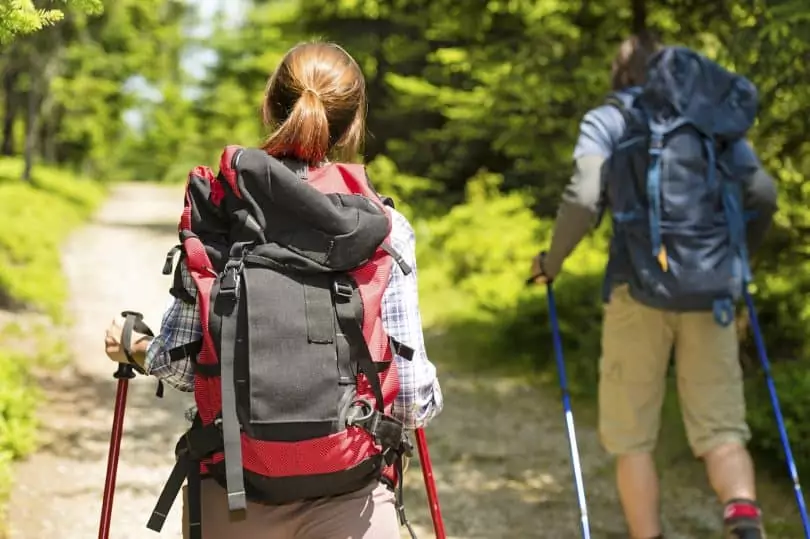 Tourist couple hiking in forest