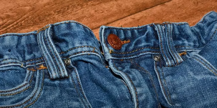 Brown Button on Blue Denim Bottom