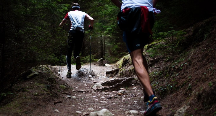 adults running on a forest trail