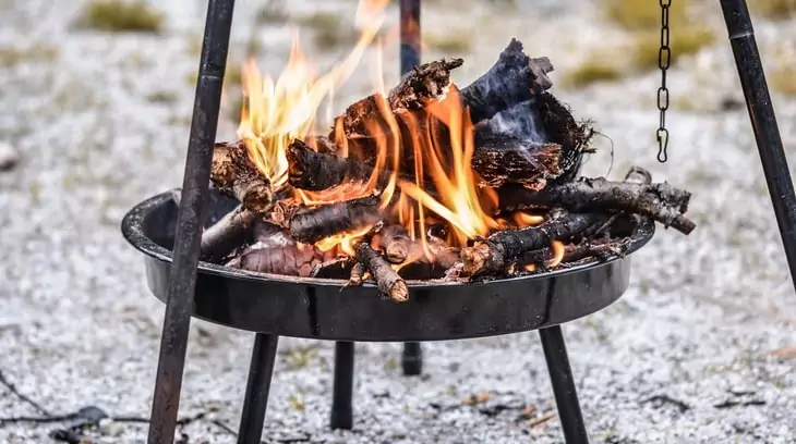 Firewood Burning in Black Steel Round Tray