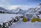 Winter camping in mountains