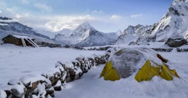 Winter camping in mountains