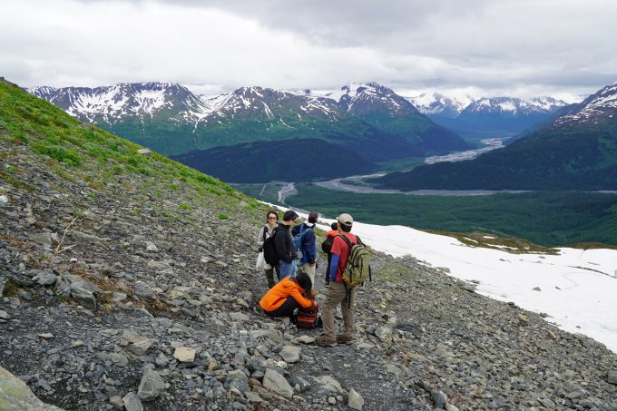 hikers on harding icefield trail top