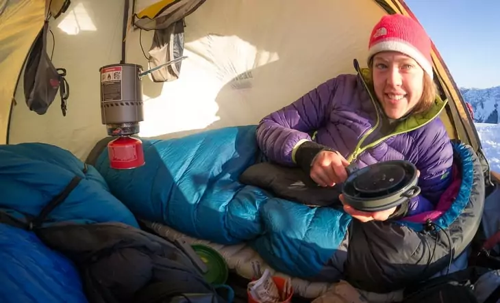 Breakfast in tent on a sunny Winter morning