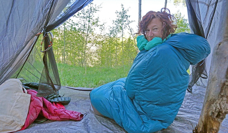 Woman wearing Nemo sleeping bag looking at the camera