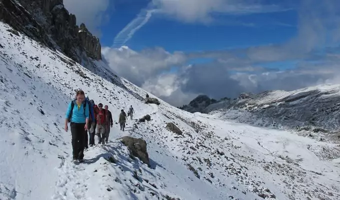 A group of hikers trekking a snowy trail