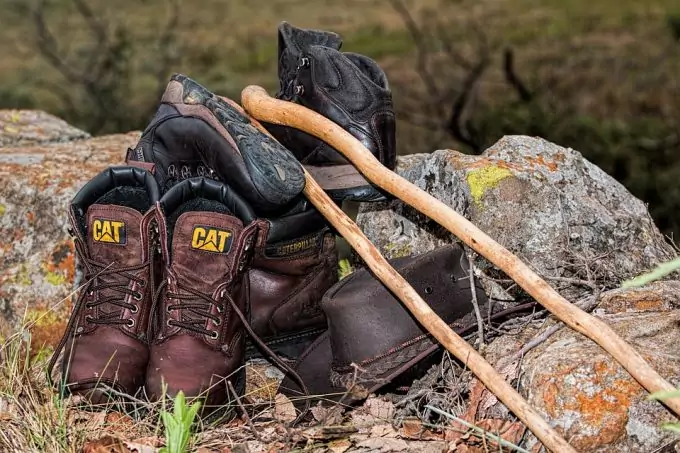 A cat boots, hat, backpack and hiking sticks