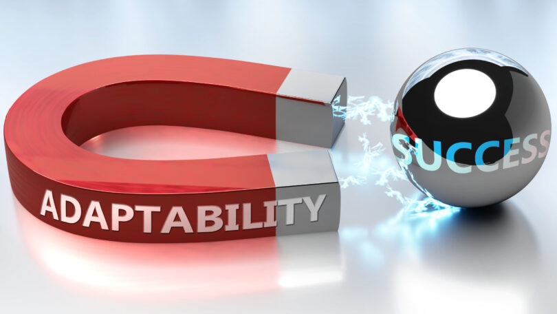 Adaptability helps achieving success - pictured as word Adaptability and a magnet, to symbolize that Adaptability attracts success in life and business, 3d illustration